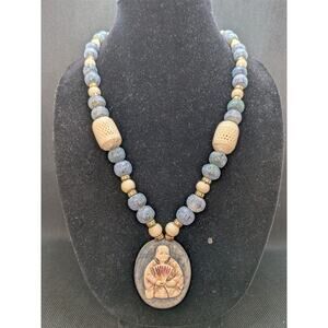 Asian Long Ivory Colored Blue Bead Necklace Oval Pendant 30.5" & "Silver" Clasp